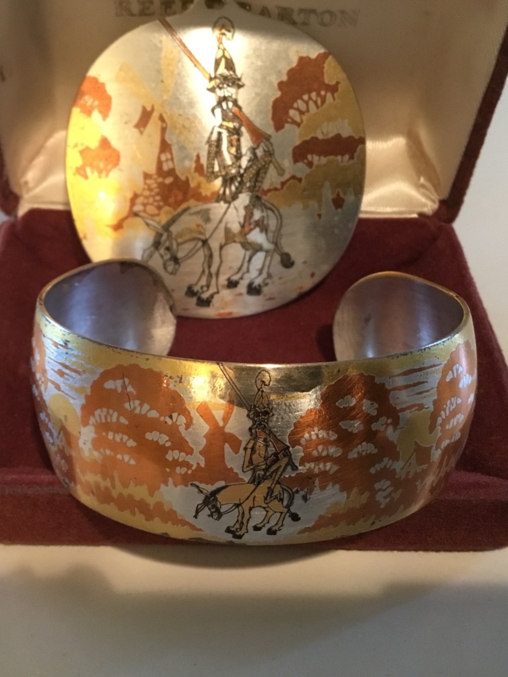 Vintage Reed and Barton Don Quixote Damascene Cuff Bracelet and Pendant set